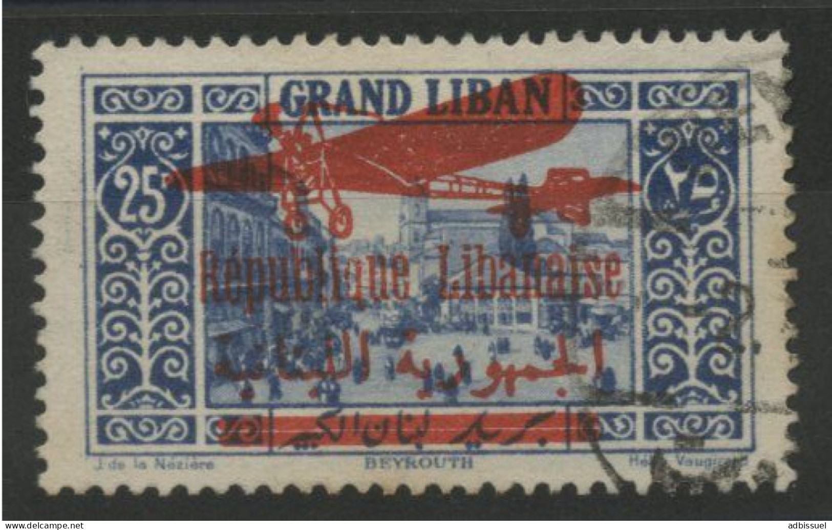 GRAND LIBAN POSTE AERIENNE N° 37 COTE 200 € Signé Scheller, Surcharge Bilingue, Oblitéré - Poste Aérienne