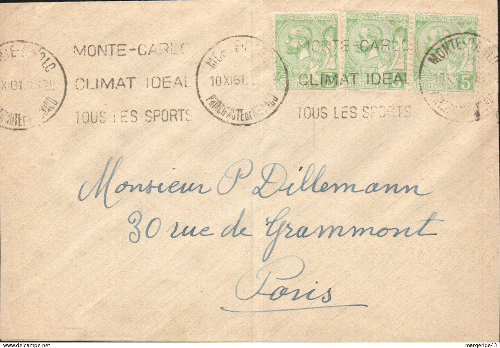 MONACO AFFRANCHISSEMENT COMPOSE SUR LETTRE POUR LA FRANCE 1931 - Briefe U. Dokumente