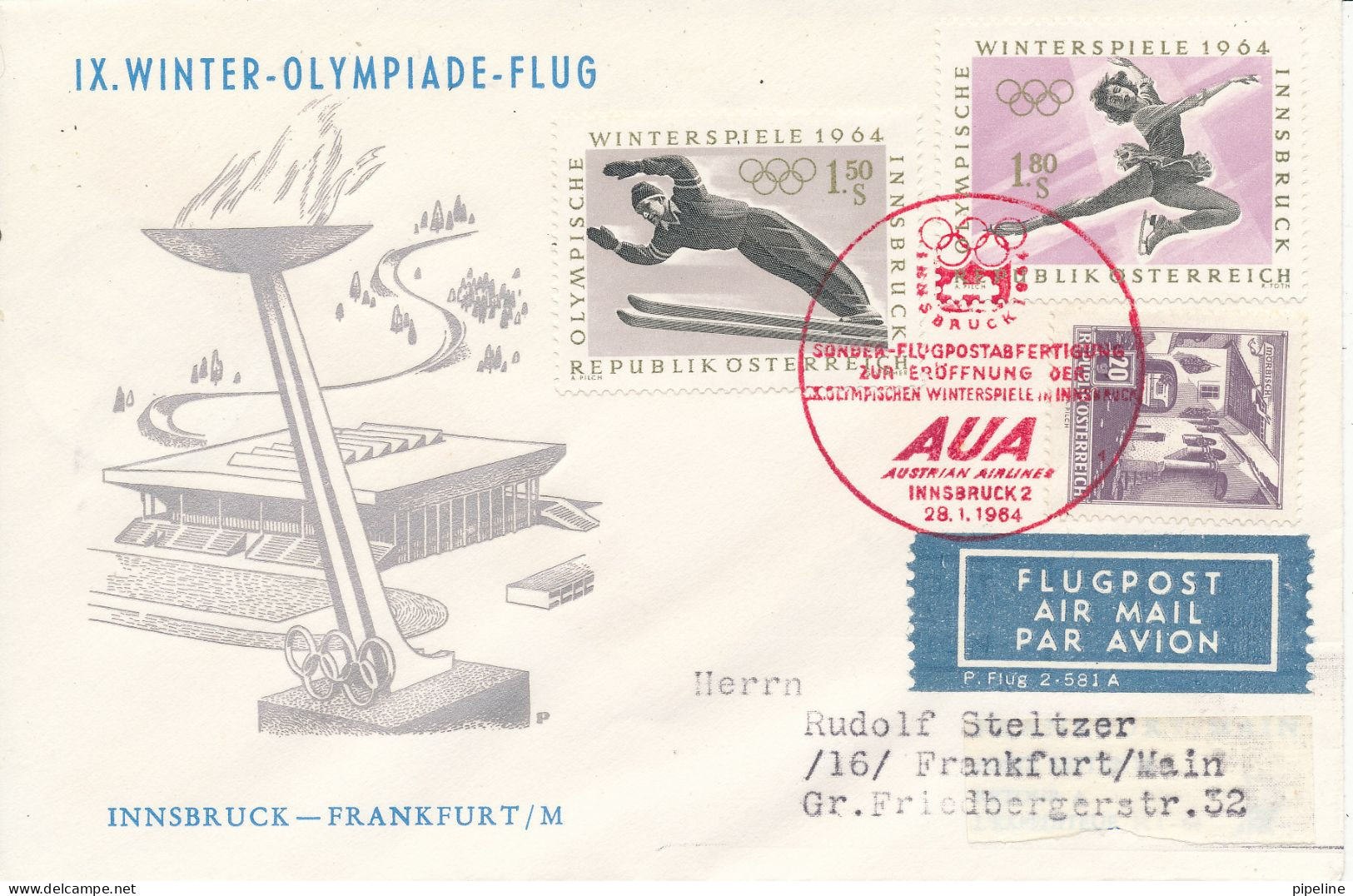 Austria Special AUA Olympic Games Flight Innsbruck - Frankfurt /M. 28-1-1964 - Erst- U. Sonderflugbriefe