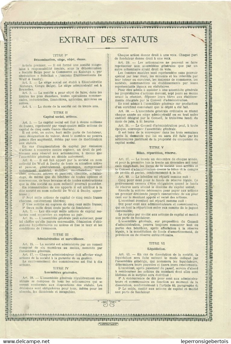 - Titre De 1928 - Sté Belge Pour Le Commerce Au Congo - SOBELKAT - Sté Congolaise Par Actions à Responsabilité Limitée - Afrique