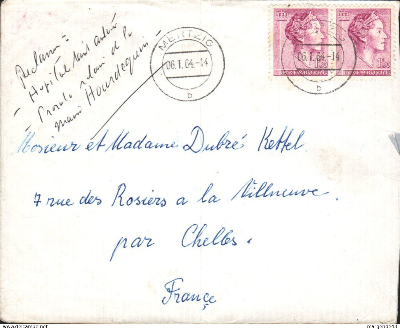 LUXEMBOURG AFFRANCHISSEMENT COMPOSE SUR LETTRE DE MERTZIG POUR LA FRANCE 1964 - Storia Postale