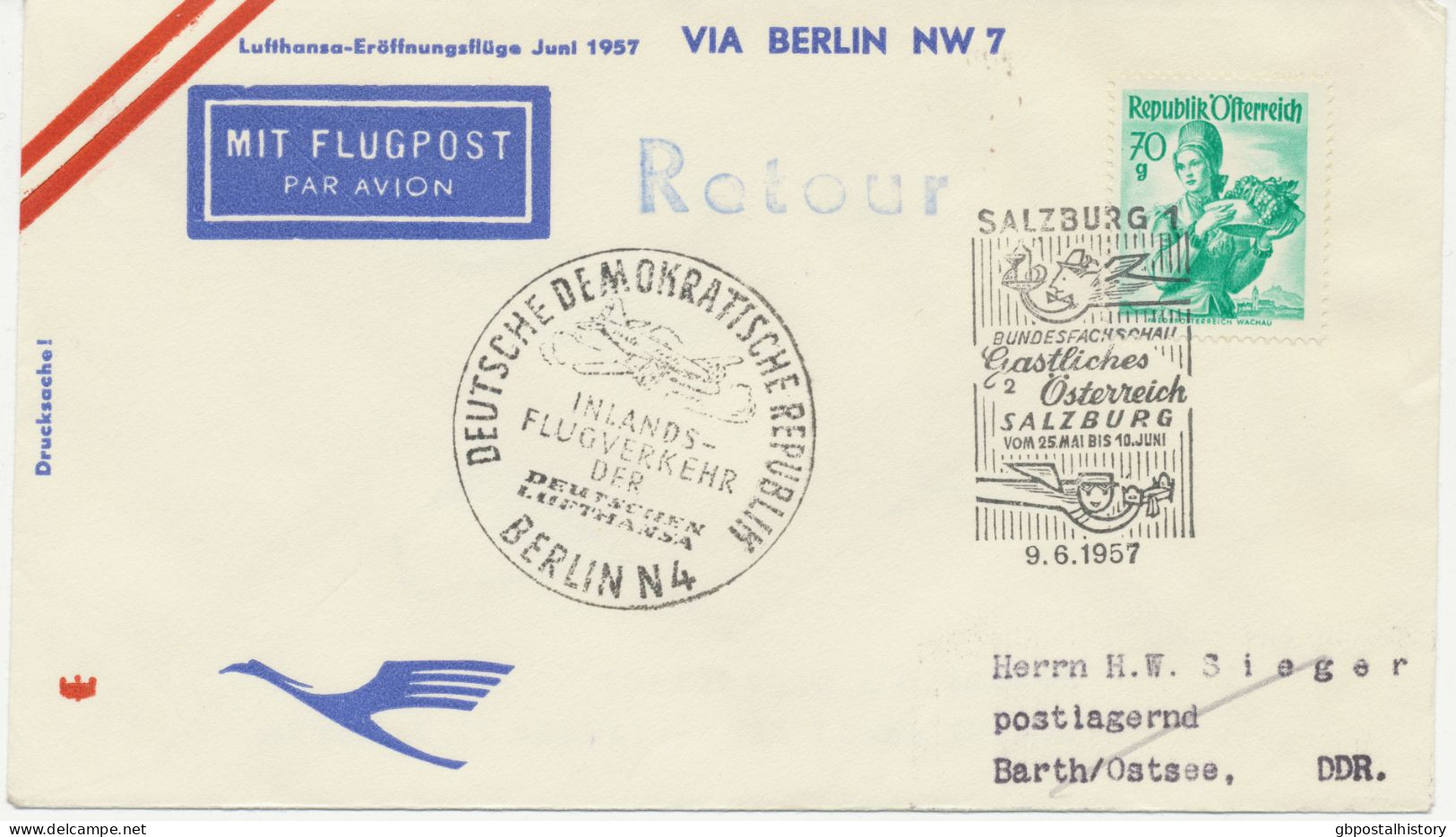 ÖSTERREICH 16.6.1957, Deutsche Lufthansa Ost Erstflug „BERLIN-OST – BARTH“ Selt. MITLÄUFERPOST Aus ÖSTERREICH (Hab.2554/ - Premiers Vols