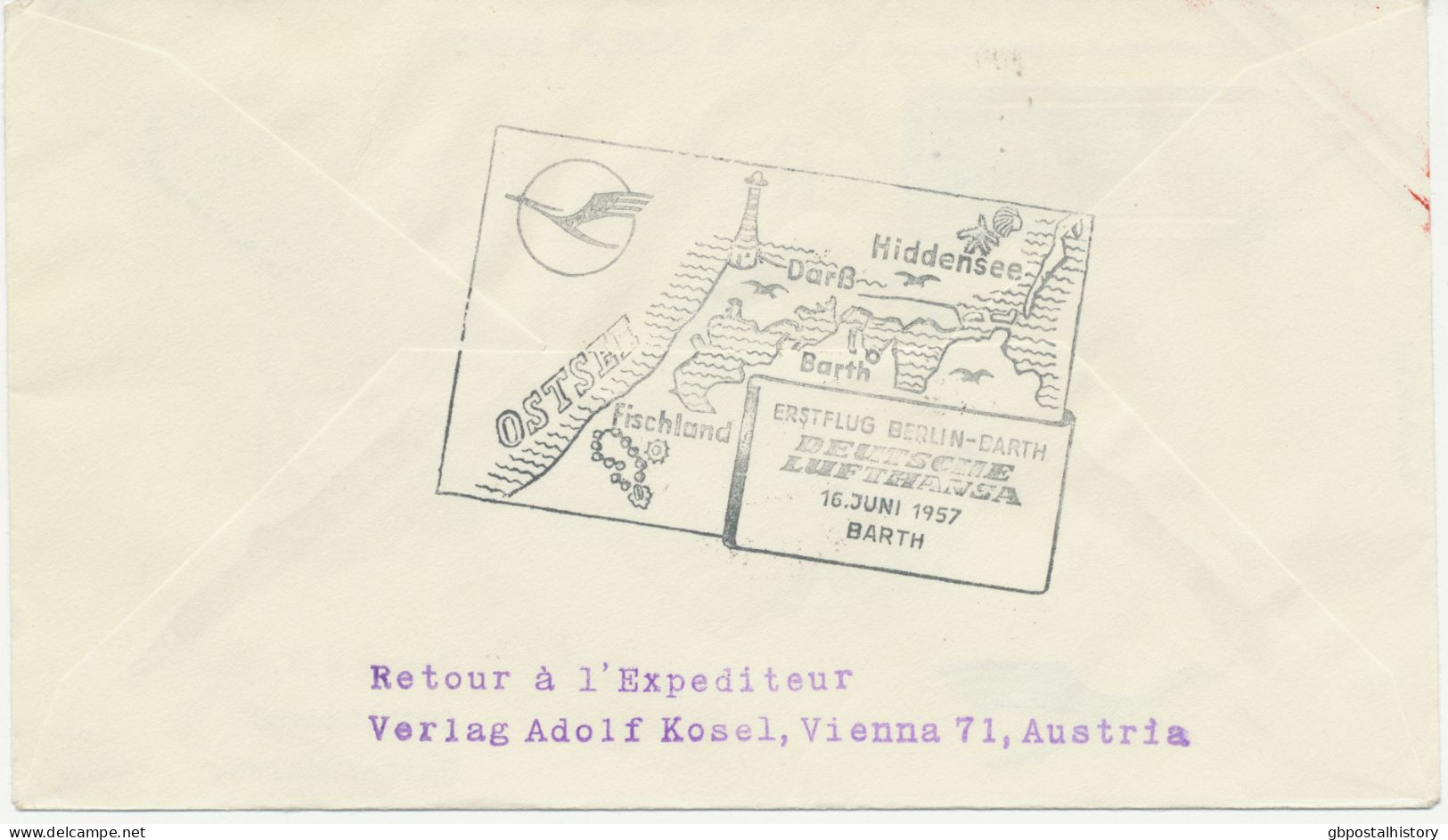 ÖSTERREICH 16.6.1957, Deutsche Lufthansa Ost Erstflug „BERLIN-OST – BARTH“ Selt. MITLÄUFERPOST Aus ÖSTERREICH (Hab.2554/ - Erst- U. Sonderflugbriefe