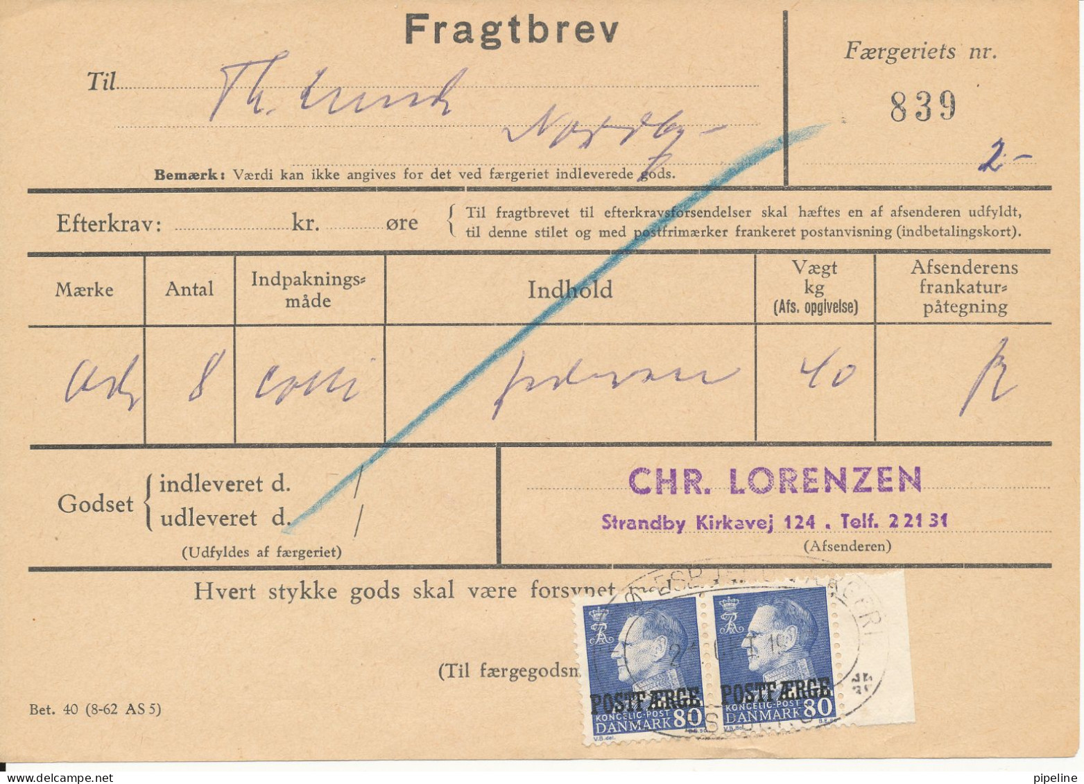 Denmark Post Ferry Waybill Esbjerg - Fanö 1968 - Lettres & Documents