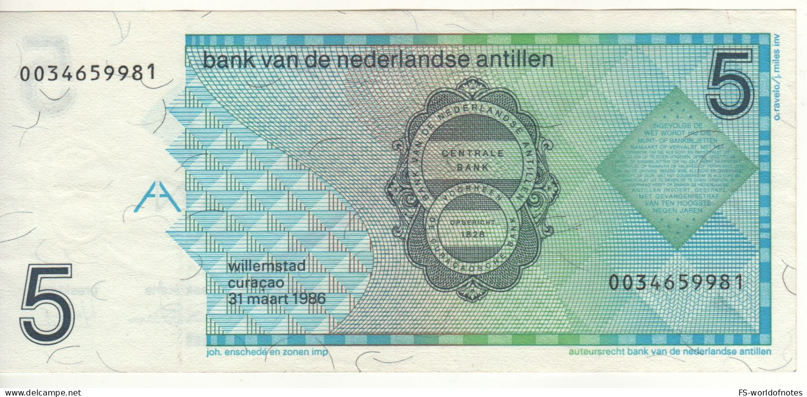 NETHERLANDS  ANTILLES  5 Gulden   P22a   ( 1986    Troupial Bird + Bank Seal At Back   ) - Niederländische Antillen (...-1986)