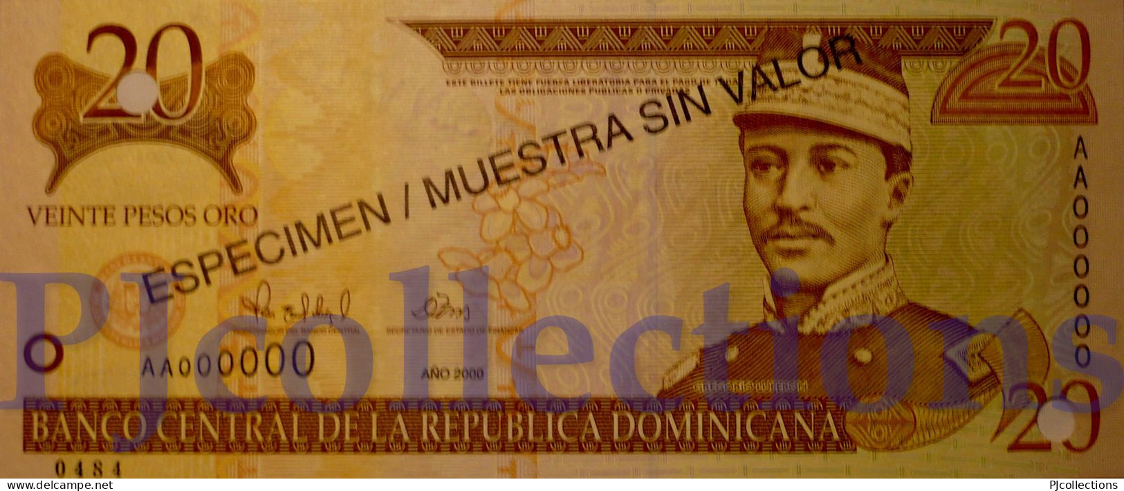 DOMINICAN REPUBLIC 20 PESOS ORO 2000 PICK 160s SPECIMEN UNC NUMBER "0484" - Dominicaine