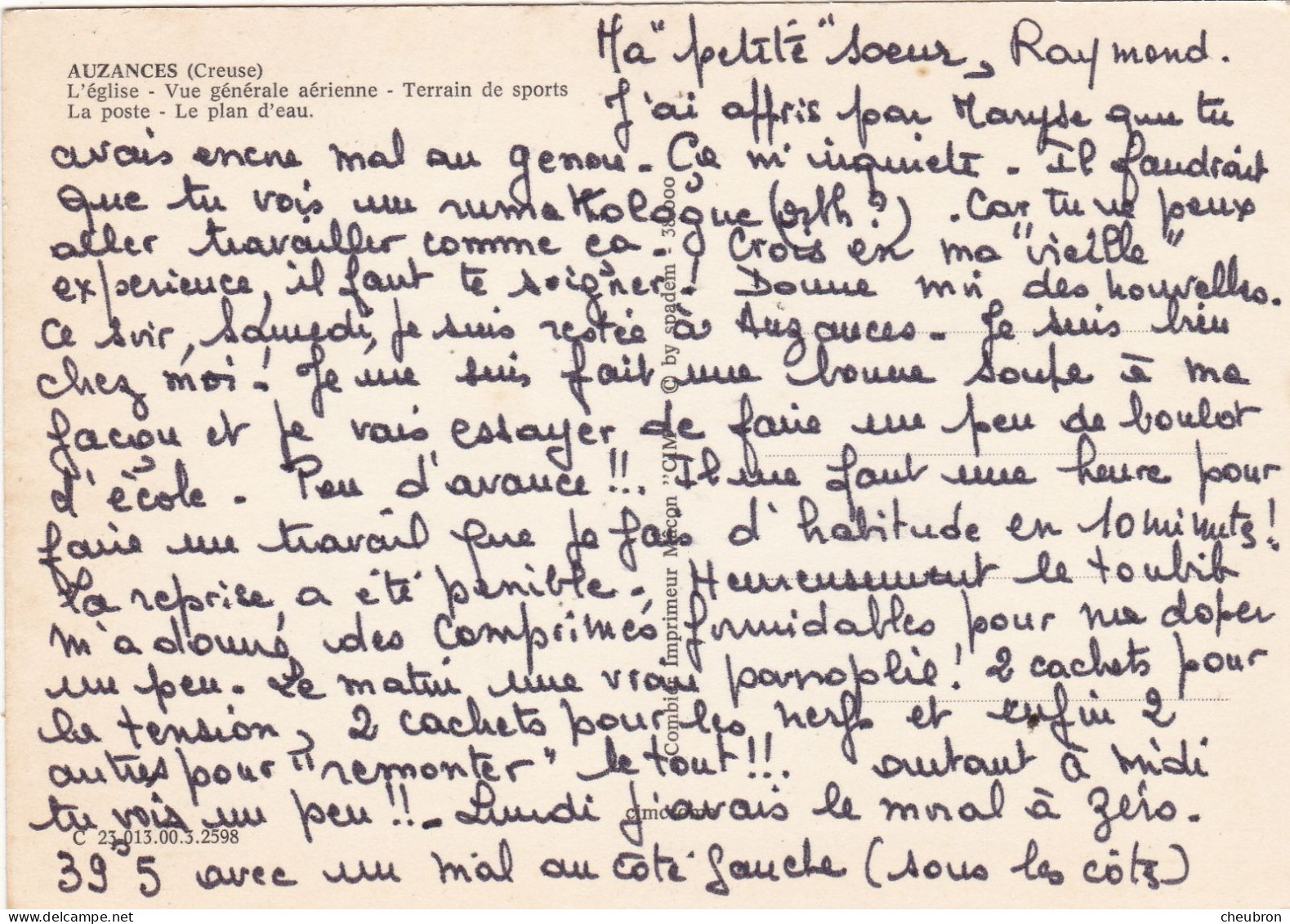 23. AUZANCES. CPSM. MULTIVUES: VUE GENERALE AERIENNE.TERRAIN DE SPORTS. LA POSTE. LE PLAN D'EAU. + TEXTE - Auzances