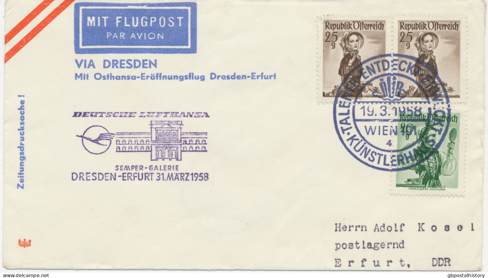 ÖSTERREICH 30.3.1958, Erstflug Der Deutsche Lufthansa Ost „DRESDEN – ERFURT“ Selt. MITLÄUFERPOST Aus ÖSTERREICH (HLII/41 - Eerste Vluchten