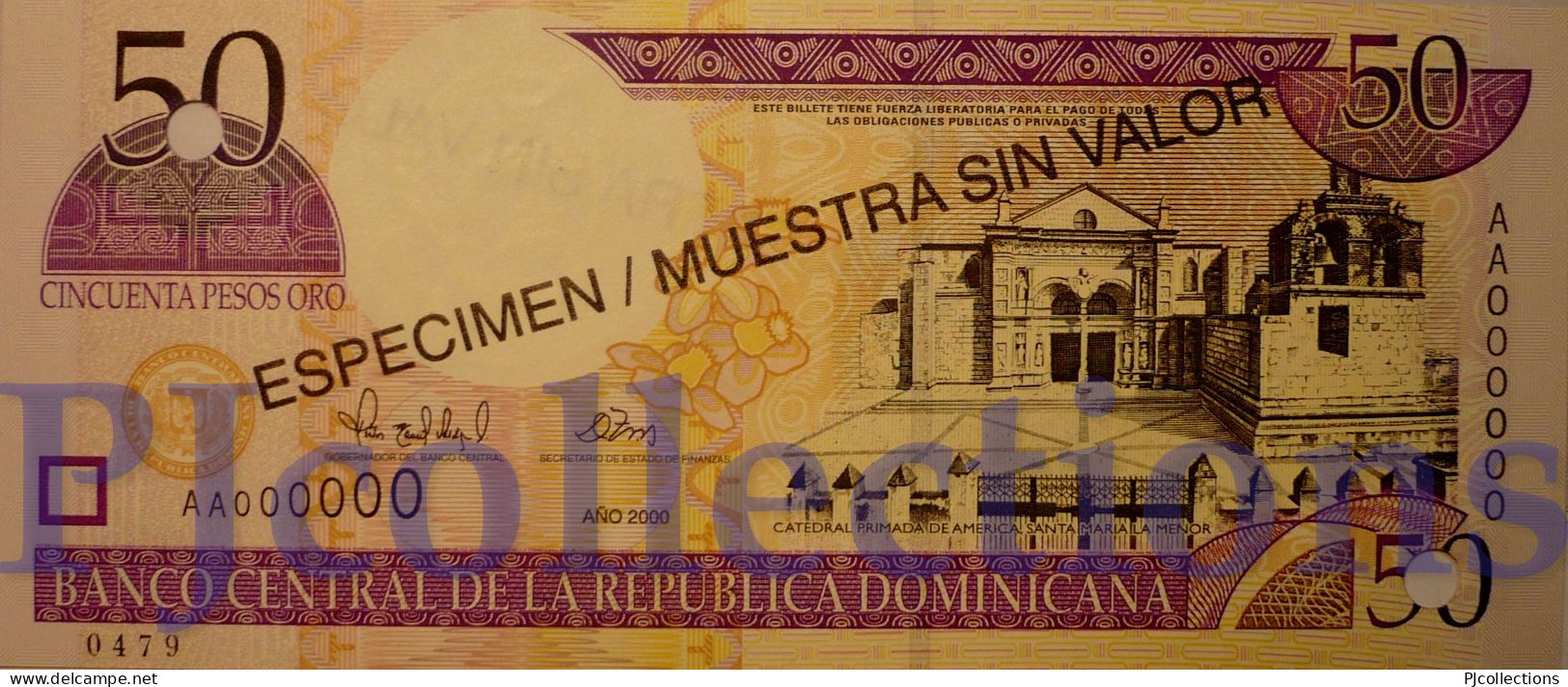 DOMINICAN REPUBLIC 50 PESOS ORO 2000 PICK 161s SPECIMEN UNC NUMBER "0479" - Dominicaanse Republiek