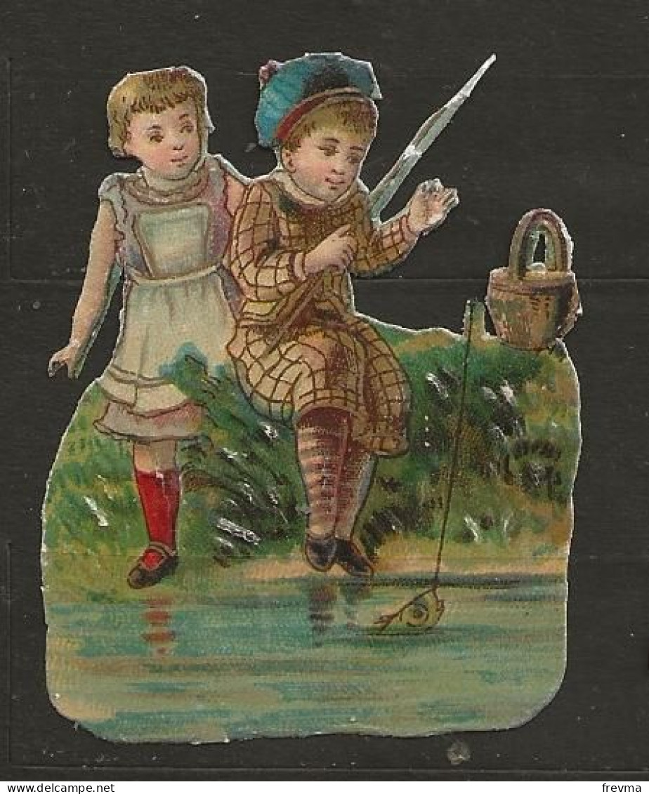 Découpis Gaufré Enfants Faisant De La Peche Année 1900 - Kinderen