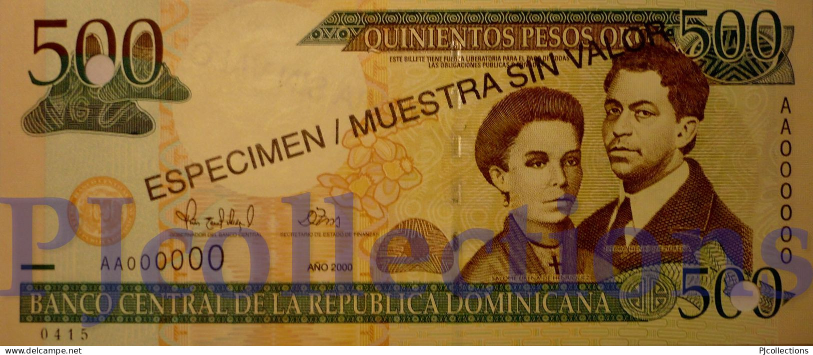 DOMINICAN REPUBLIC 500 PESOS ORO 2000 PICK 162s SPECIMEN UNC NUMBER "0415" - República Dominicana