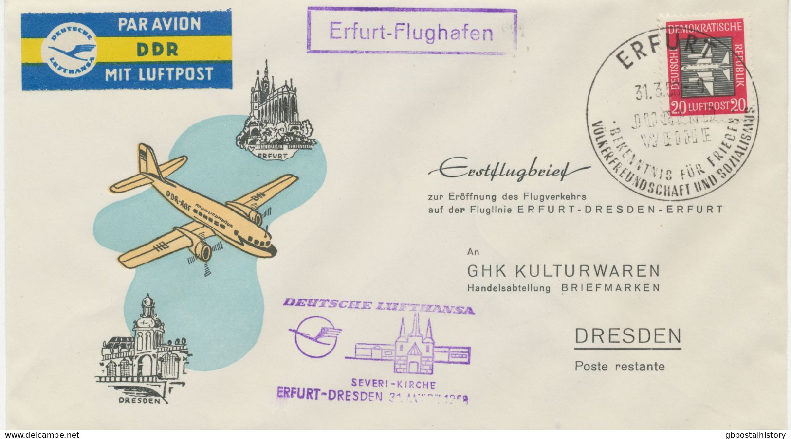 ÖSTERREICH 30.3.1958, Erstflug Der Deutsche Lufthansa Ost   „ERFURT - DRESDEN“ (HLII/40 / Hab.2589) - Airmail