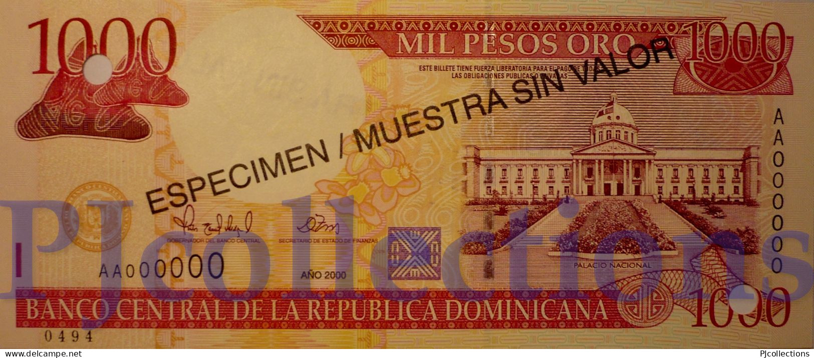 DOMINICAN REPUBLIC 1000 PESOS ORO 2000 PICK 163s SPECIMEN UNC NUMBER "0494" - Dominicaine