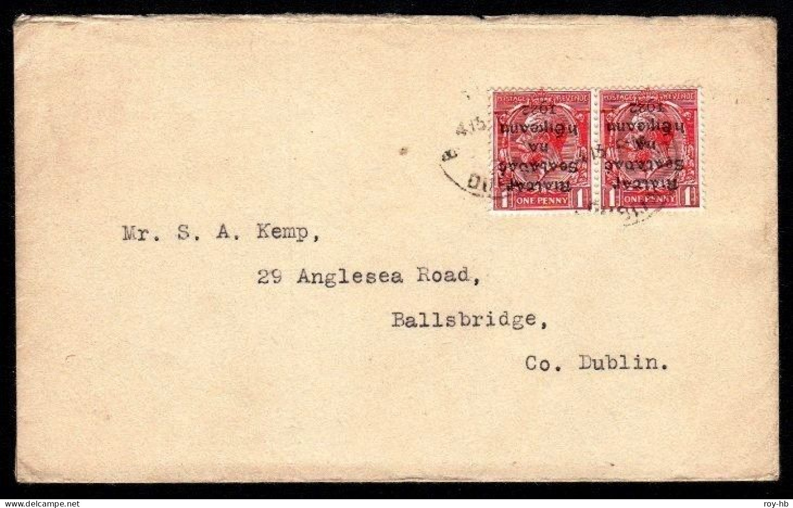 1922 1d With Inverted Overprint,, Horiz. Pair Paying The Correct Rate On A Local Ballsbridge Cover From August 1922 - Covers & Documents