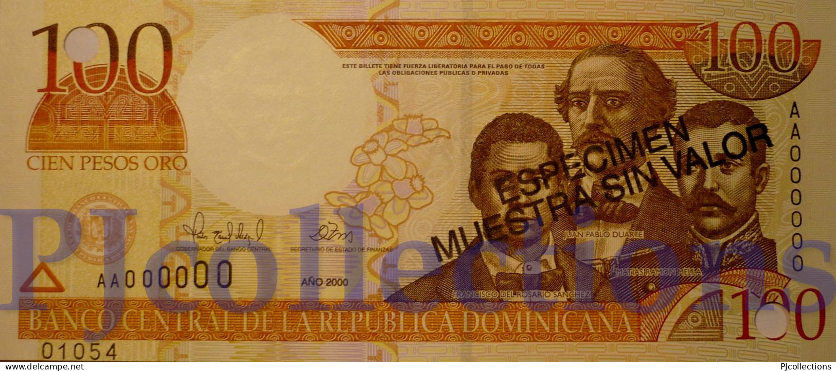 DOMINICAN REPUBLIC 100 PESOS ORO 2000 PICK 167s1 SPECIMEN UNC NUMBER "01054"" - Dominicaine