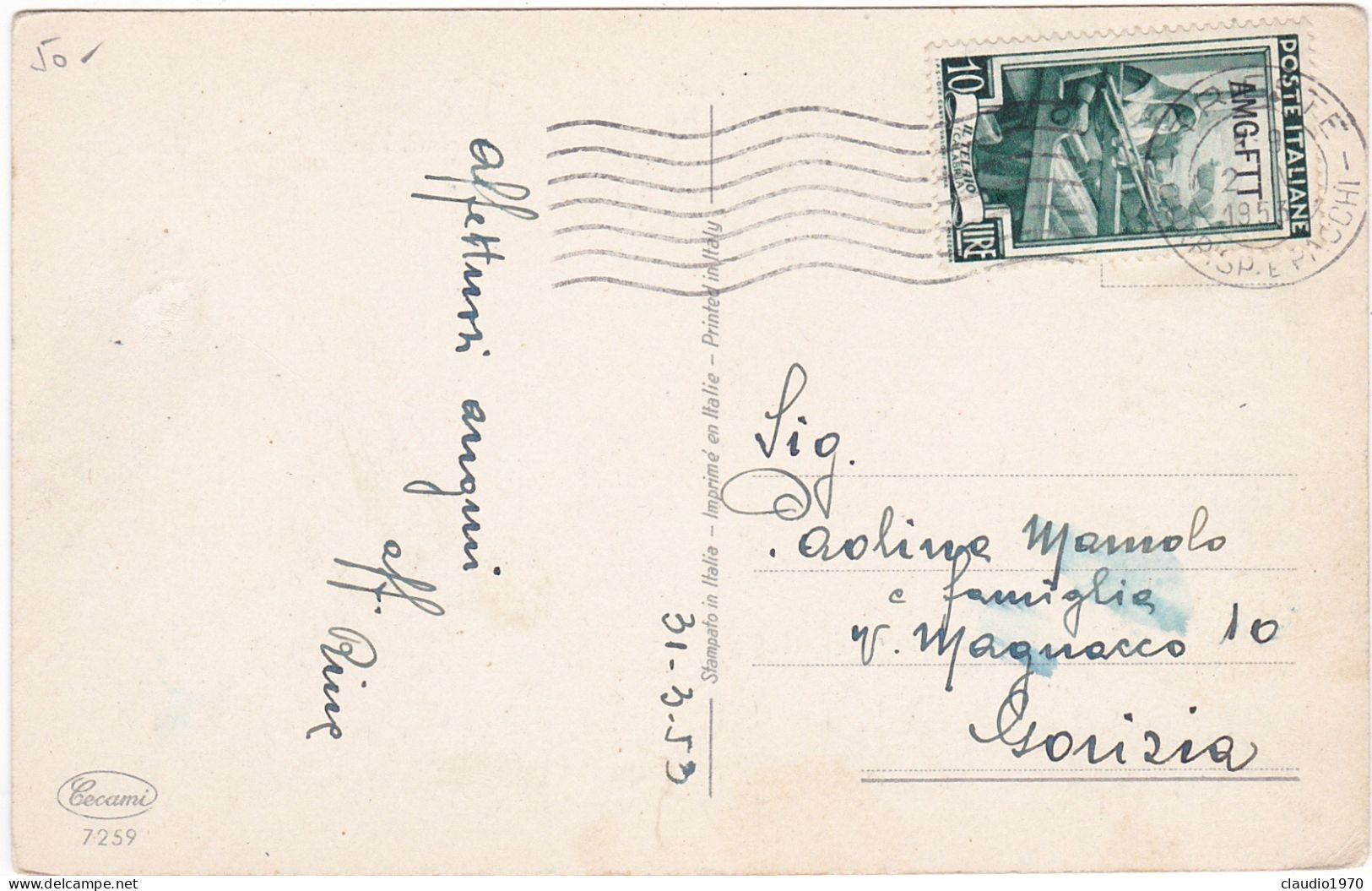 ITALIA - TRIESTE - ZONA A ( AMG FTT) STORIA POSTALE - CARTOLINA  - TEMATICA - VIAGGIATA  PER GORIZIA - 1953 - Marcophilie