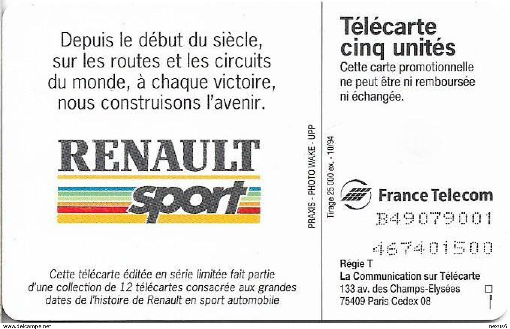 France - Les Cinq Unites - Renault 1956 - Gn115 - 10.1994, 22.214ex, 5Units, Used - 5 Einheiten