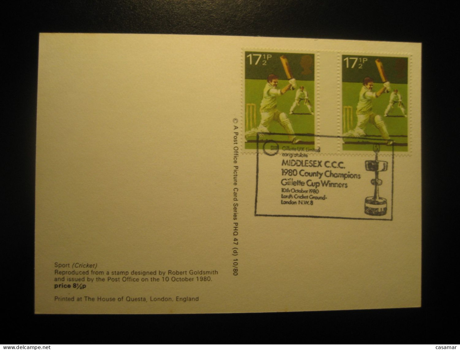 GILETTE Cup Winners MIDDLESEX CCC County Champions Lord's Ground Gillette London 1980 Cancel Card CRICKET England UK GB - Cricket