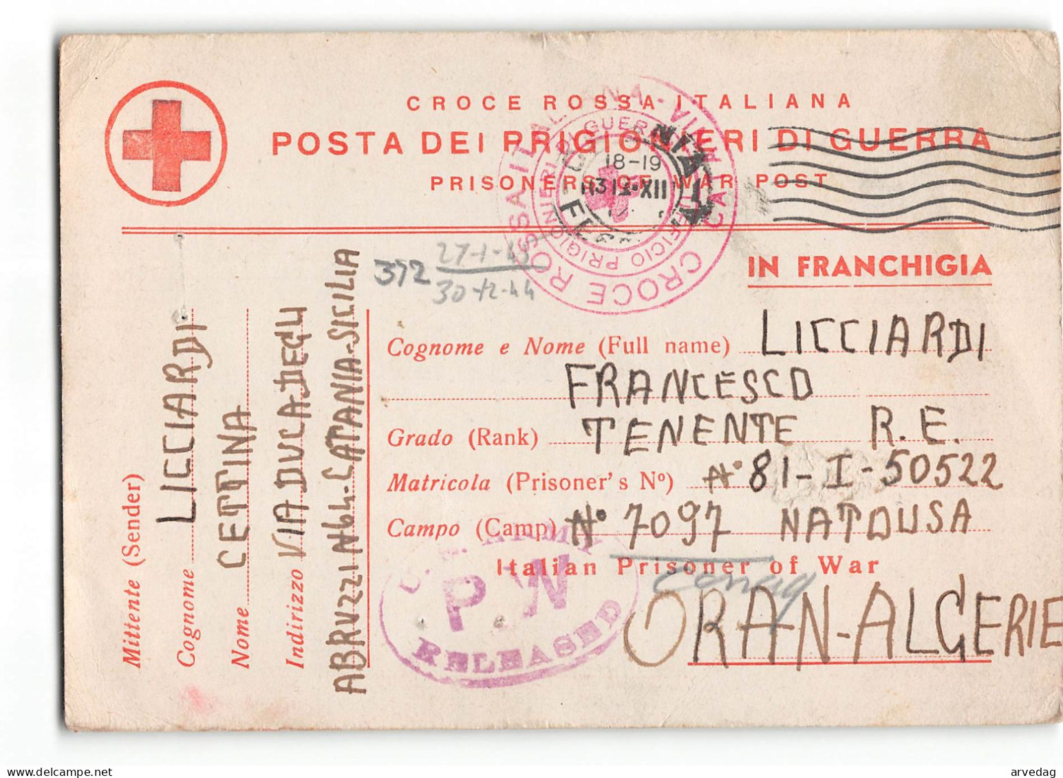 AG2481 RED CROSS POW POST  FRANCHIGIA - CATANIA To CAMP 7097 NATOUSA ORAN ALGERIE - Occ. Anglo-américaine: Sicile
