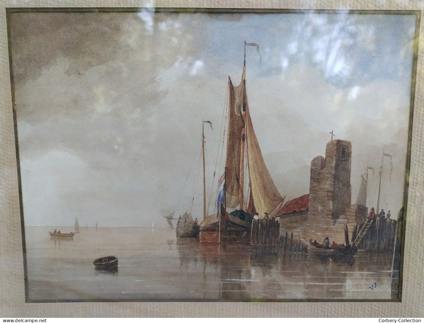 Ancien Tableau Aquarelle Marine XVIIIe/XIXème Signé VJ - Wasserfarben