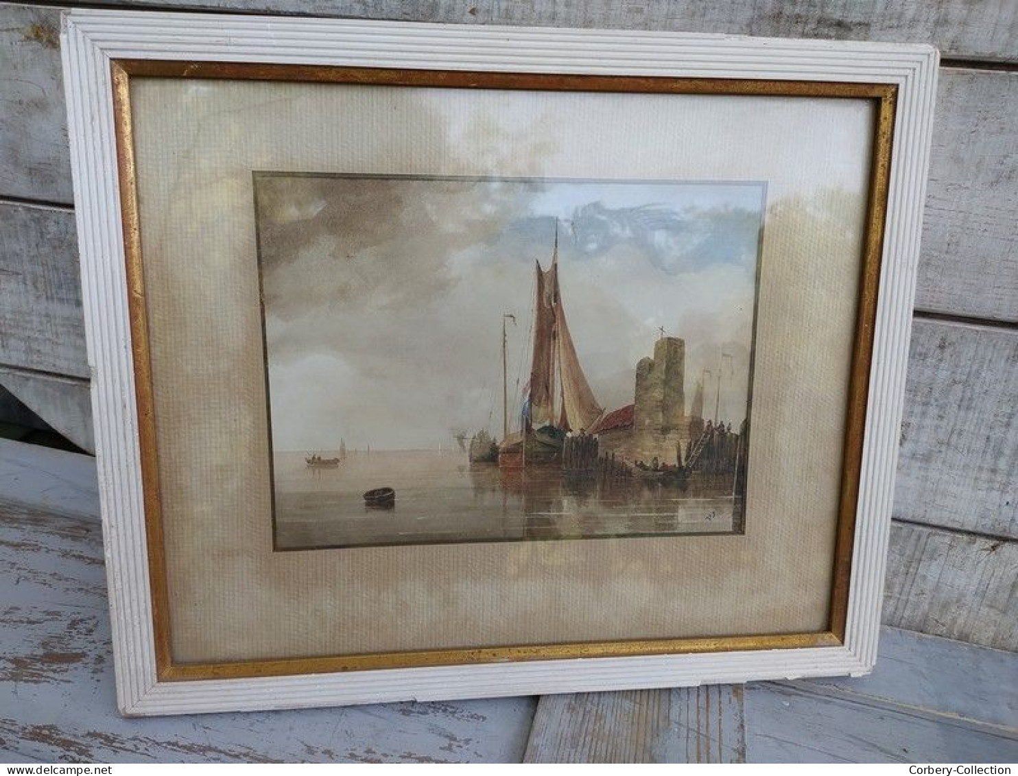 Ancien Tableau Aquarelle Marine XVIIIe/XIXème Signé VJ - Wasserfarben