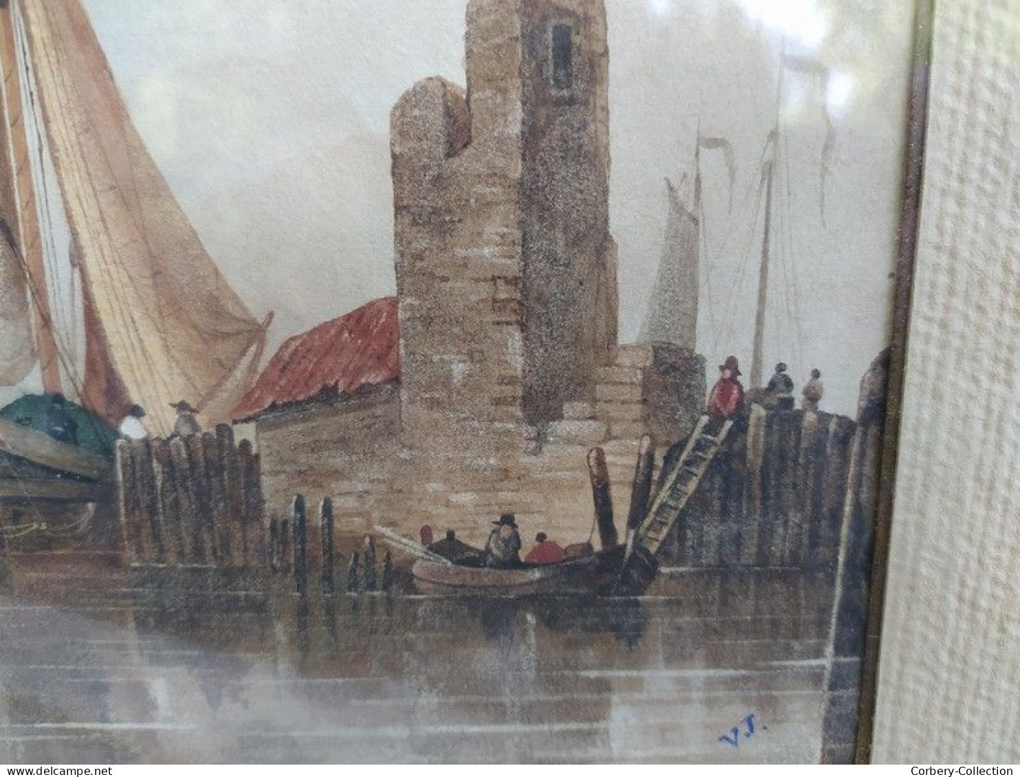 Ancien Tableau Aquarelle Marine XVIIIe/XIXème Signé VJ