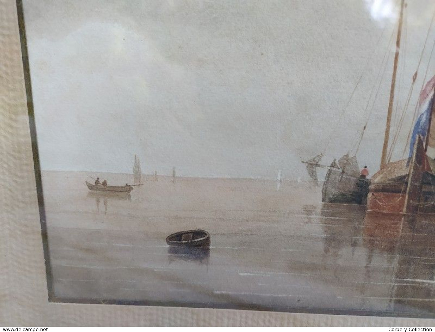 Ancien Tableau Aquarelle Marine XVIIIe/XIXème Signé VJ