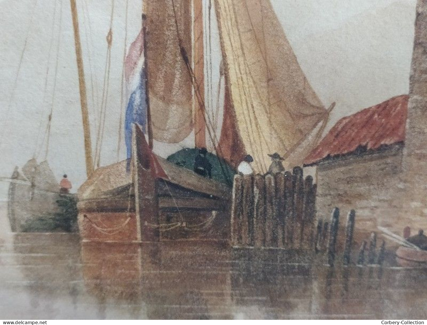 Ancien Tableau Aquarelle Marine XVIIIe/XIXème Signé VJ