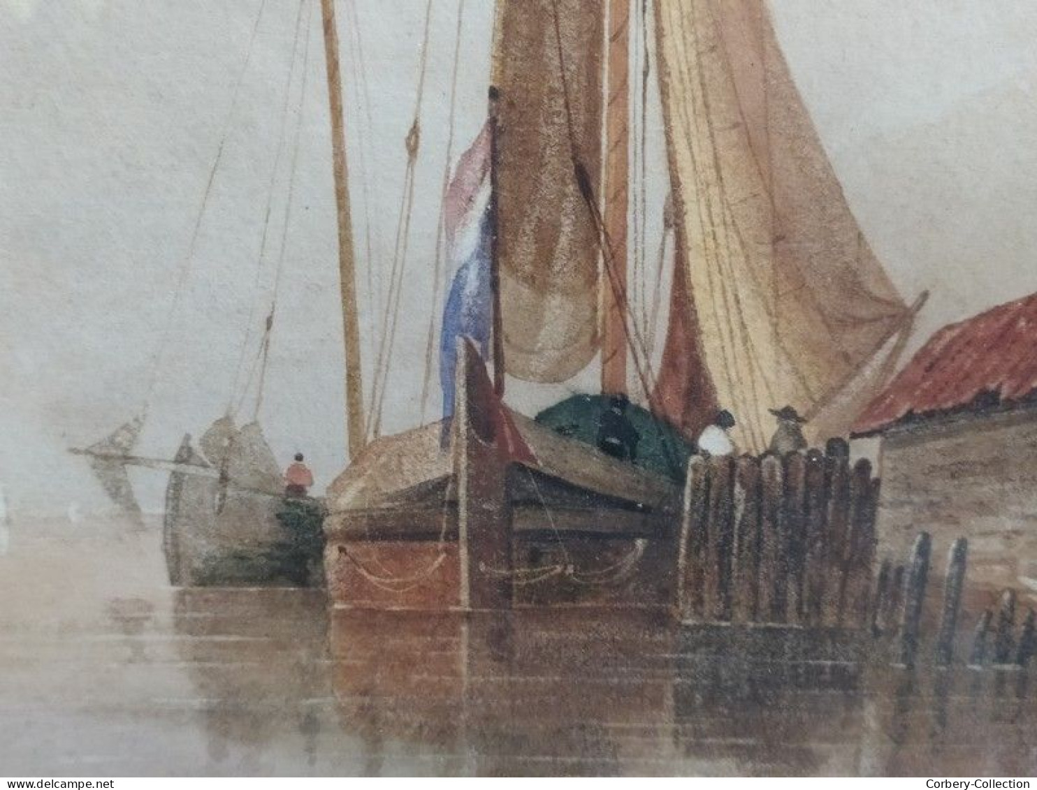 Ancien Tableau Aquarelle Marine XVIIIe/XIXème Signé VJ