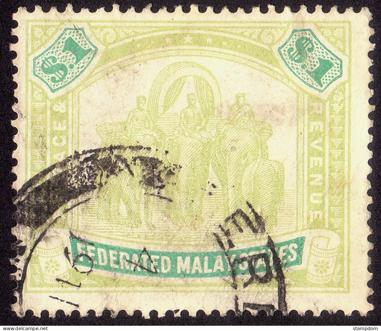 FEDERATED MALAY STATES FMS 1907 $1 Wmk.MCA Sc#34 -USED Partial SERemban CDS @TE102 - Federated Malay States