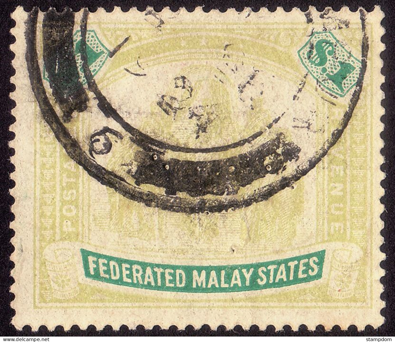 FEDERATED MALAY STATES FMS 1907 $1 Wmk.MCA Sc#34 -USED Partial  Kuala LuMPUR CDS @TE103 - Federated Malay States