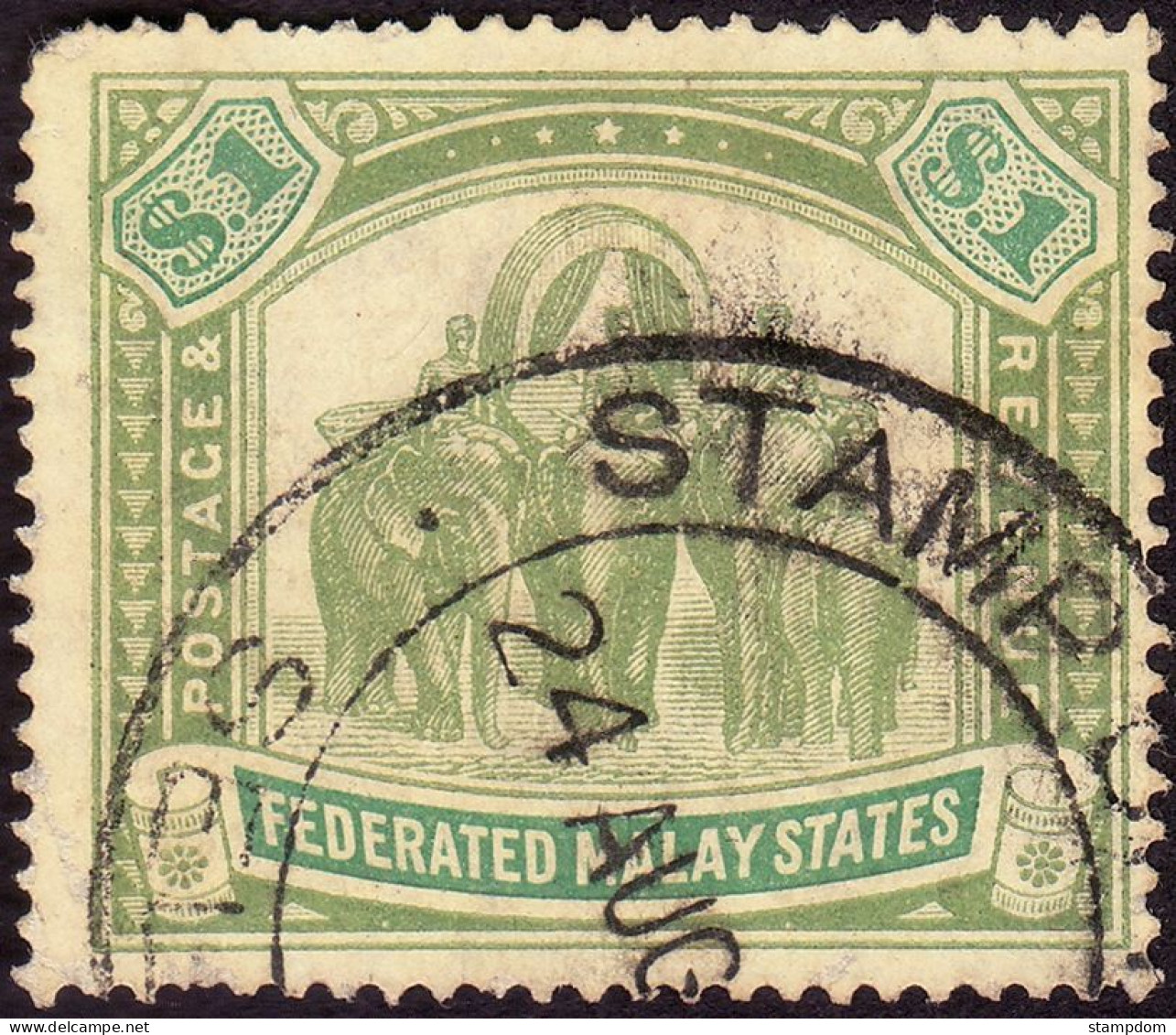 FEDERATED MALAY STATES FMS 1907 $1 Wmk.MCA Sc#34 -USED Fiscal Cancel - THIN Spot On One Bottom Perforation @TE31 - Federated Malay States