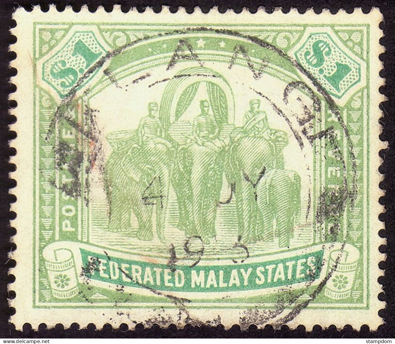 FEDERATED MALAY STATES FMS 1907 $1 Wmk.MCA Sc#34 -USED KLANG CDS @TE148 - Federated Malay States