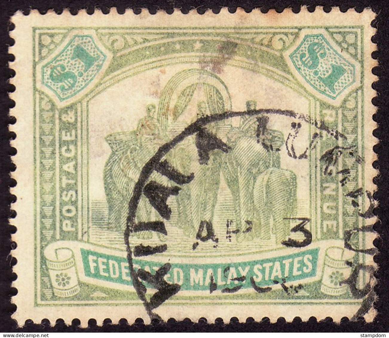 FEDERATED MALAY STATES FMS 1907 $1 Wmk.MCA Sc#34 -USED KUALA LUMPUR CDS - BACK THIN @TE149 - Federated Malay States