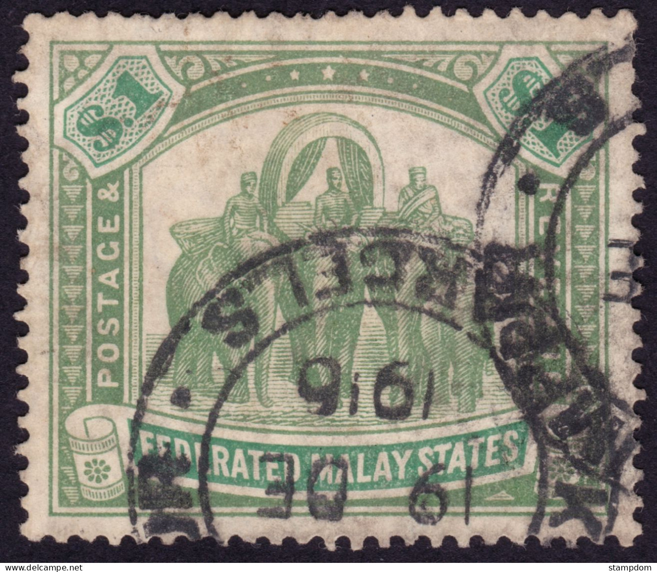 FEDERATED MALAY STATES FMS 1907 $1 Wmk.MCA Sc#34 - Kuala Lumpur Parcel Post Cancel Proud PP2 @TE179 - Federated Malay States