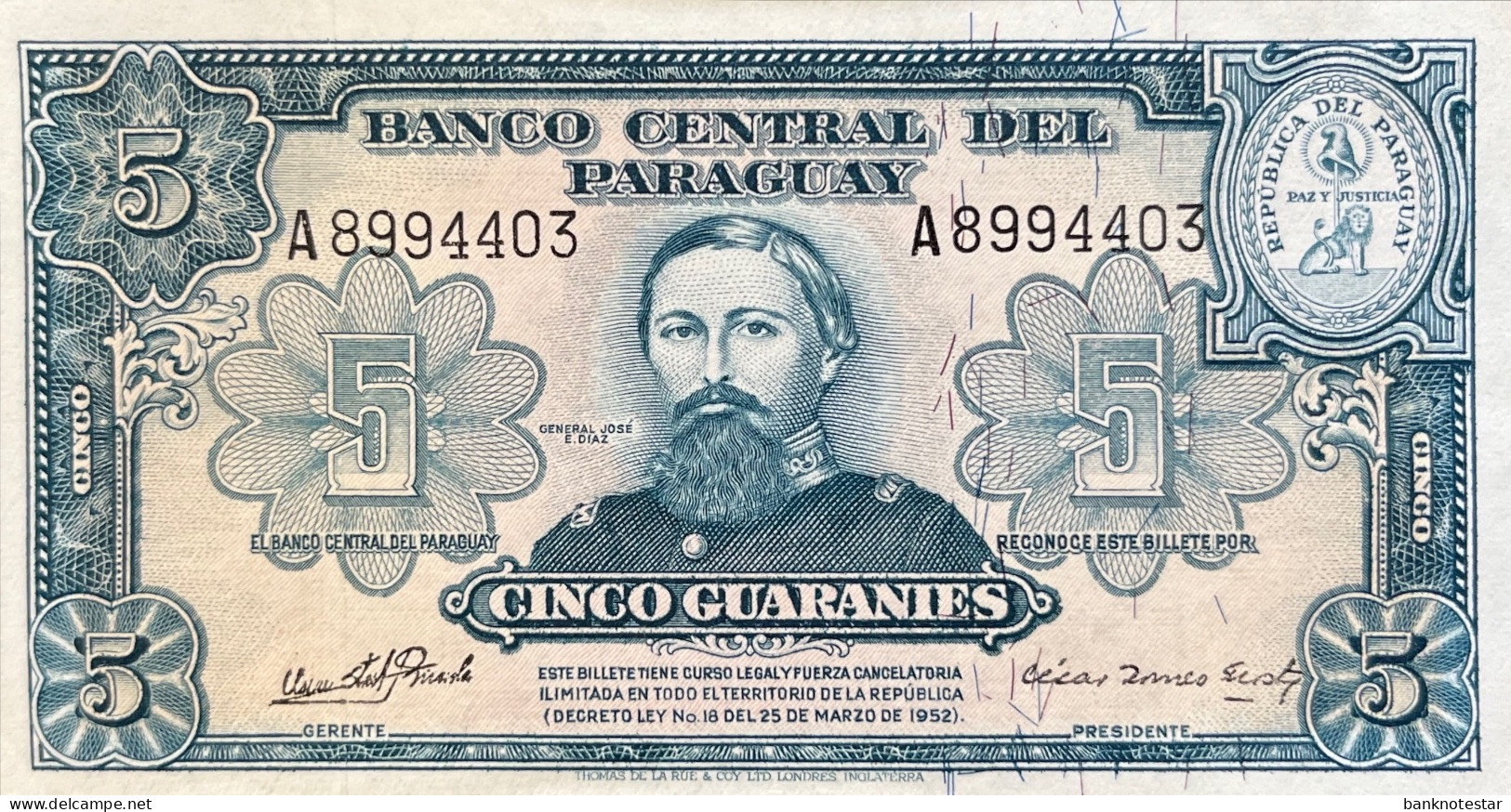 Paraguay 5 Guaranies, P-186c (L.1952) - AU - Paraguay