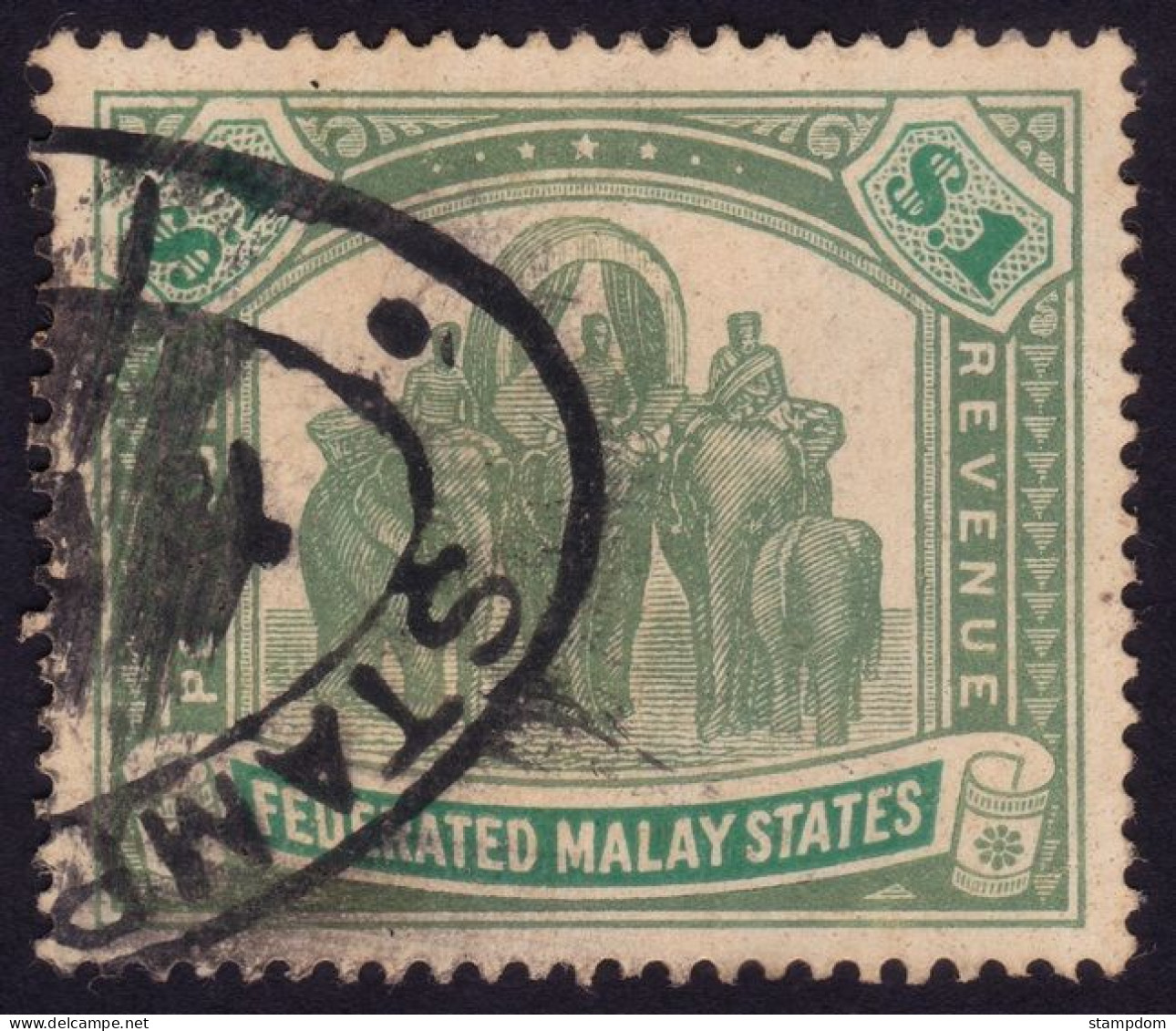 FEDERATED MALAY STATES FMS 1907 $1 Wmk.MCA Sc#34 - FISCAL Cancel @TE218 - Federated Malay States