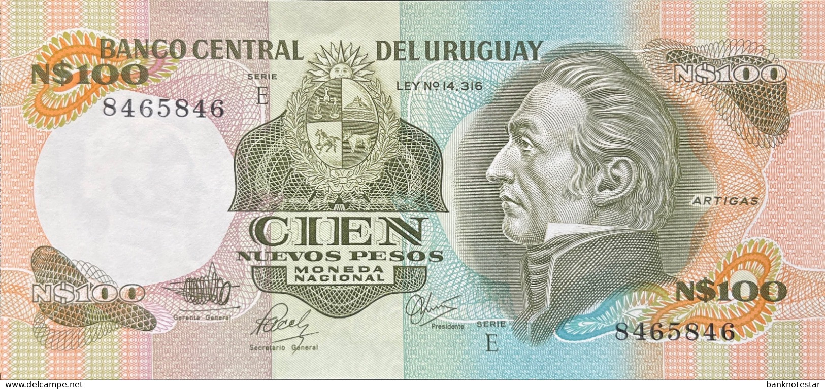 Uruguay 100 Nuevos Pesos, P-62c (1985) - UNC - RARE Series E Banknote - Uruguay