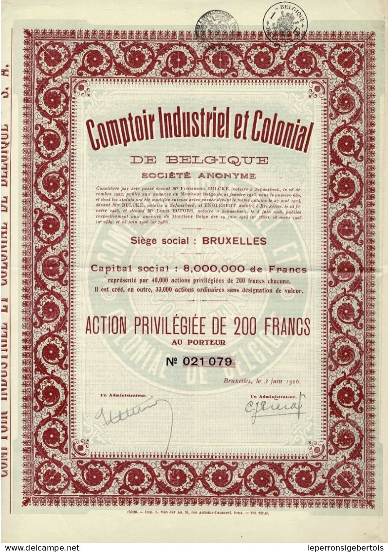 Titre De 1926 - Comptoir Industriel Et Colonial De Belgique - - Afrika