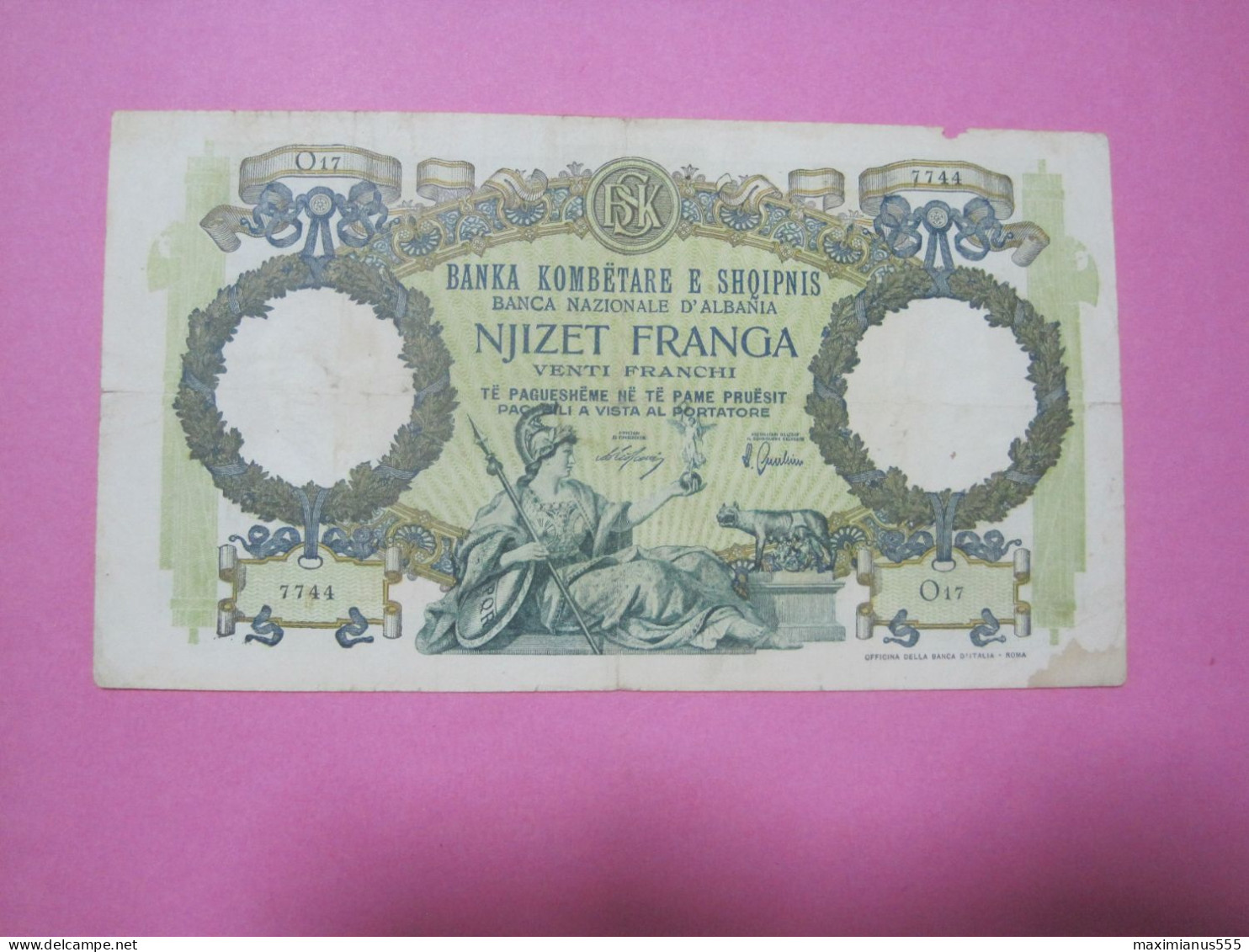 Albania 20 Franga Banknotes ND 1939, Good Number (1) 7744 - Albanië