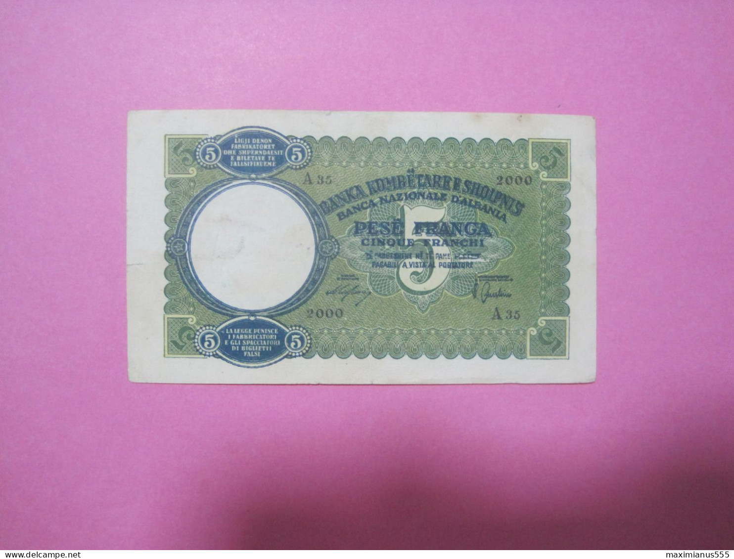 Albania 5 Franga Banknotes ND 1939, (1) Good Number 2000 - Albanie