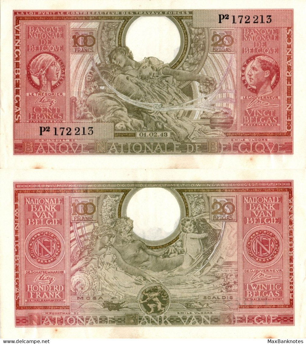 Belgium / 100 Francs / 1943 / P-123(a) / XF - 100 Francos-20 Belgas