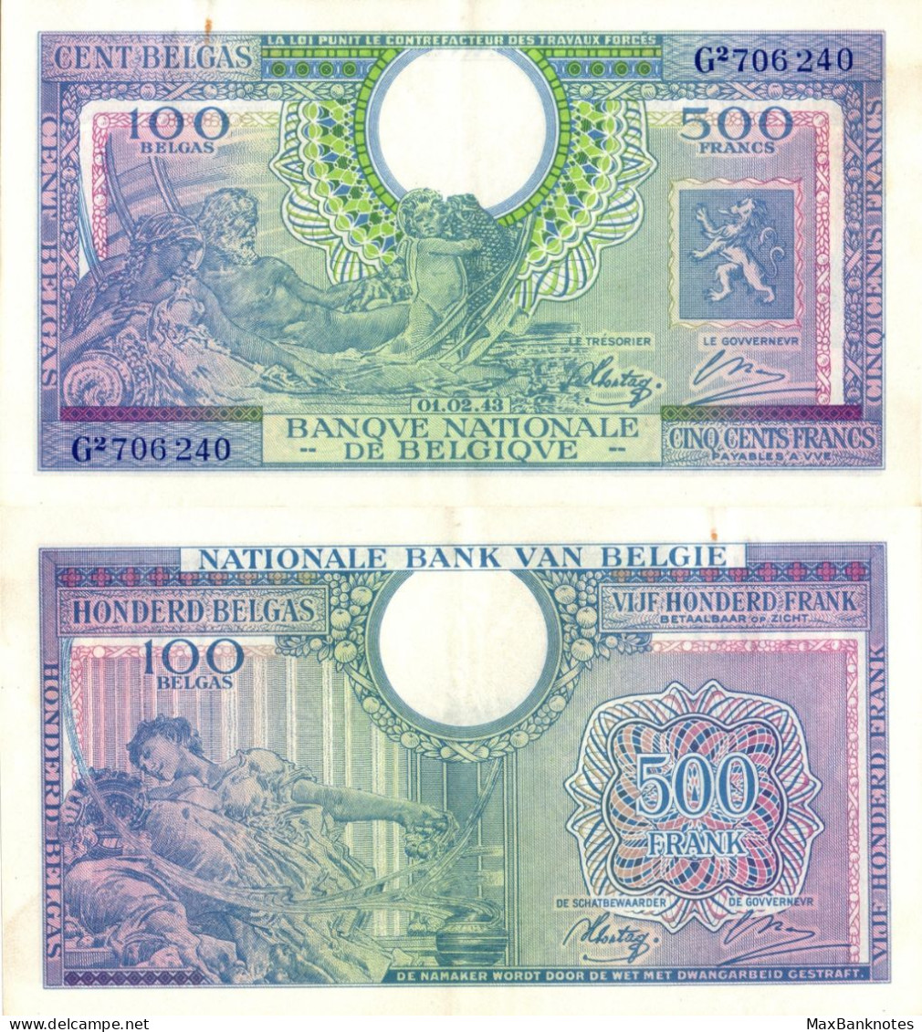 Belgium / 500 Francs / 1943 / P-124(a) / XF - 500 Francos-100 Belgas