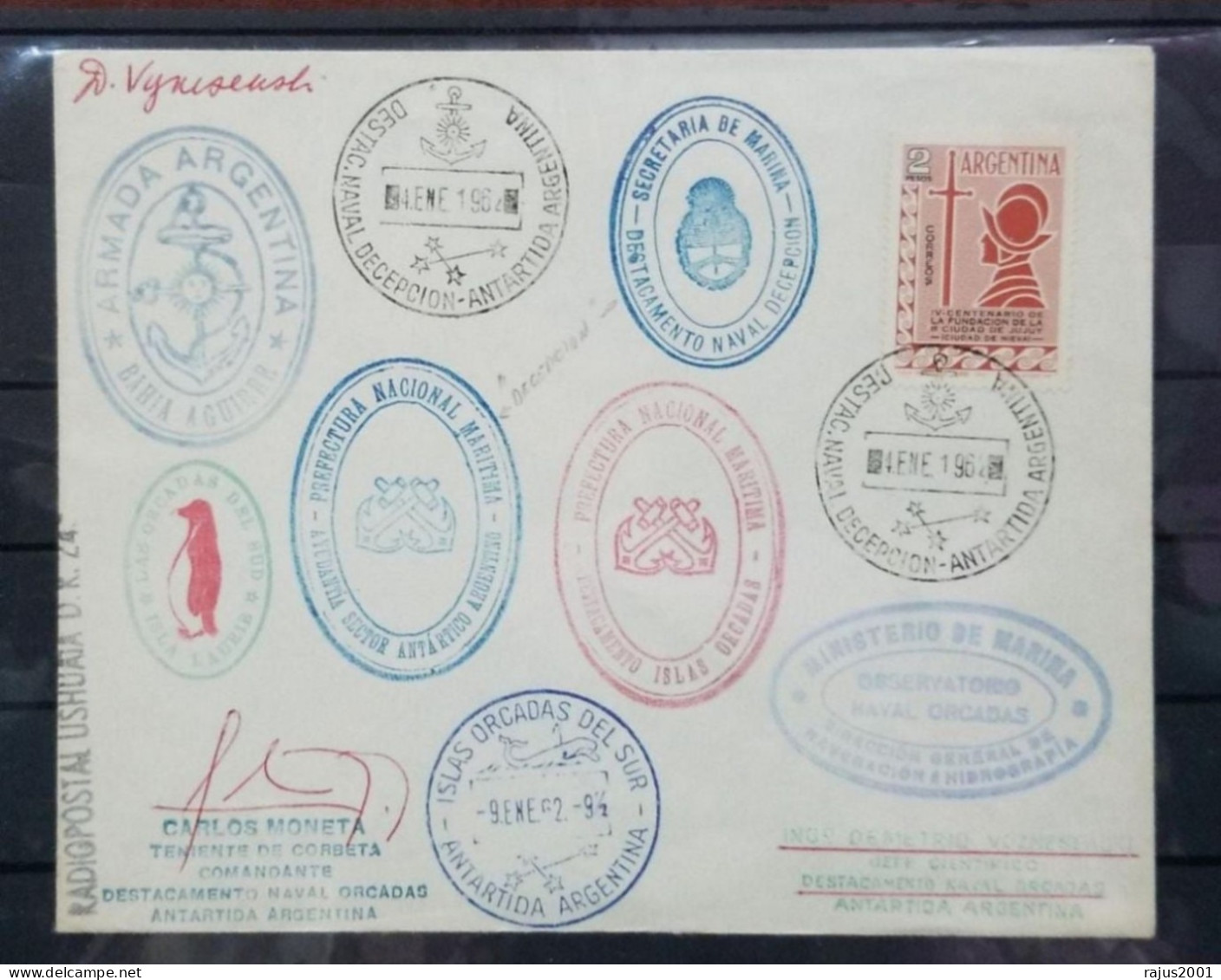 Antarctic Argentina Polar Expedition, Radio Postal, Penguin, Maritime, Multiple Postmark Signed Expedition RARE Cover - Expéditions Antarctiques