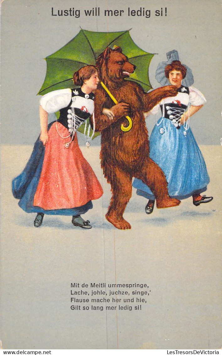 Animaux - Ours - Lustig Will Mer Ledig Si ! Ours Avec Un Parapluie Entouré De Deux Femmes - Carte Postale Ancienne - Osos