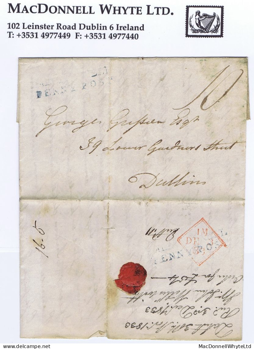 Ireland Cavan 1833 Lettersheet To Dublin Rated "10" With BALLYCONNELL/PENNY POST In Blue, And Again On Flap - Prephilately