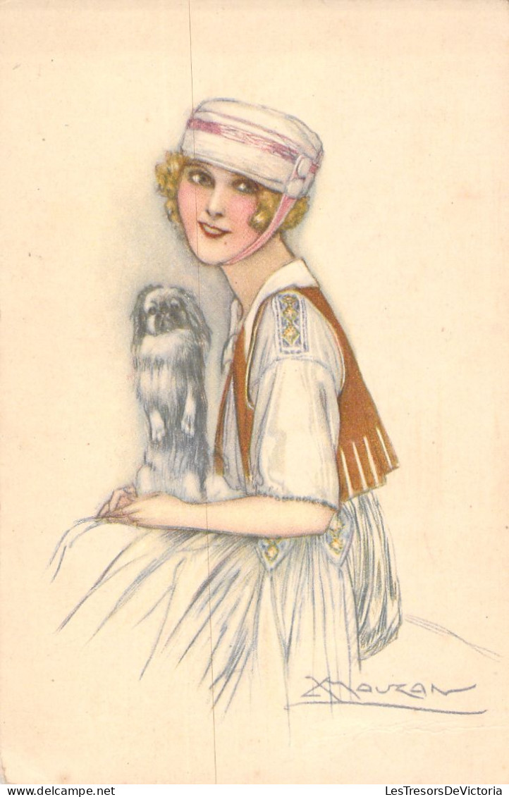 Illustrateur - Mauzan - Femme Avec Un Chien - Chapeau Plat - Mode - Carte Postale Ancienne - Mauzan, L.A.