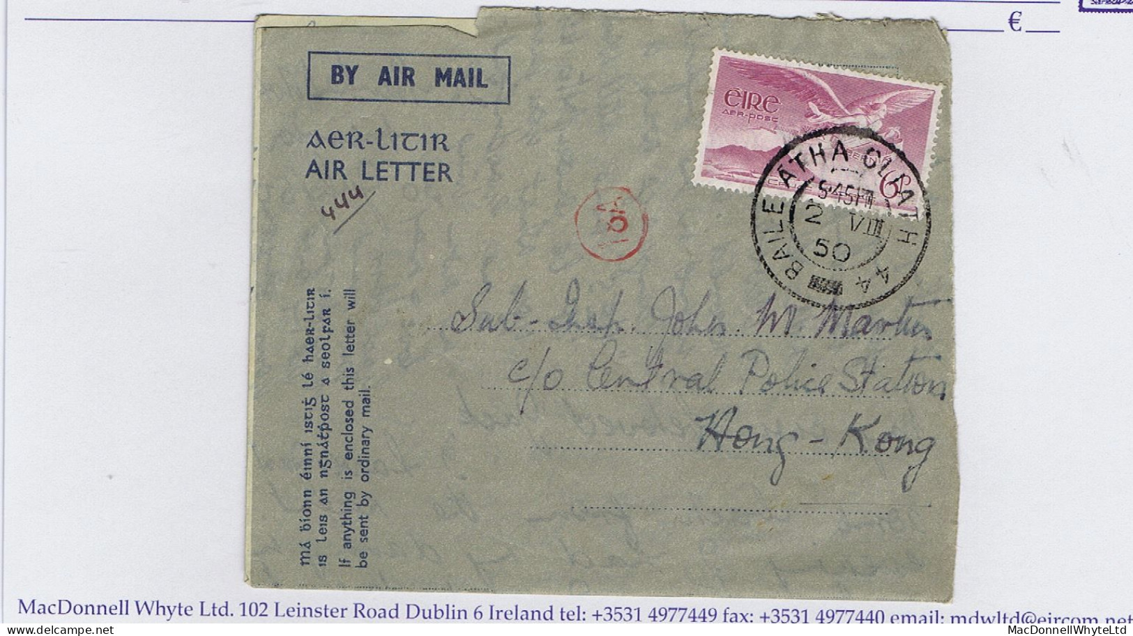 Ireland Airletter 1950 Aerogramme Imprint 247. 2383 Used Dublin To Hong Kong With Angel Victor 6d - Poste Aérienne