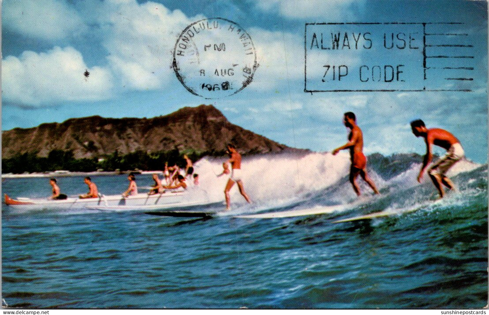 Hawaii Waikiki Surfing And Canoeing Diamond Head In Background 1968 - Oahu