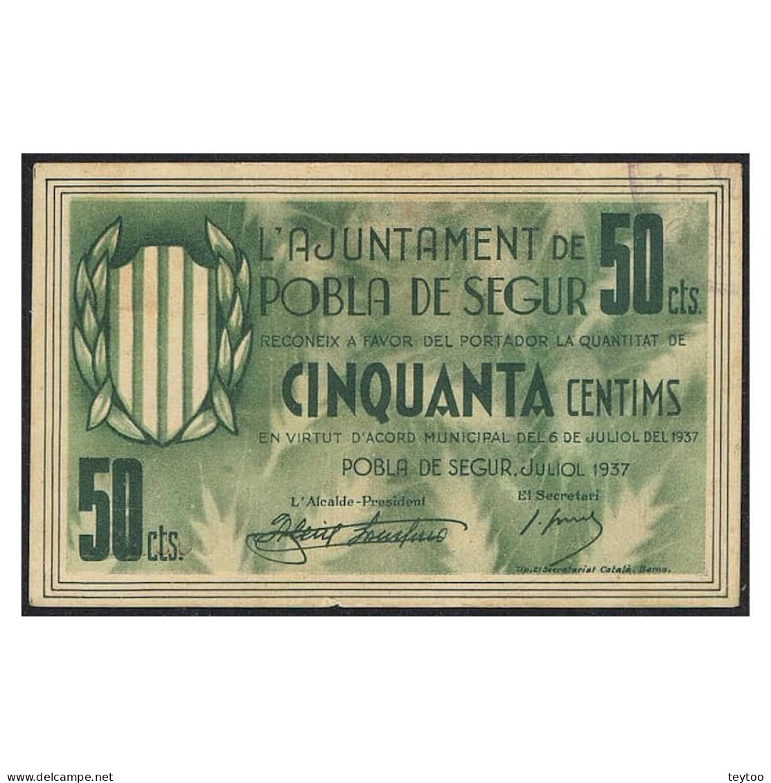 C0052.4# España 1937. 50 Cts. Pobla De Segur (Lérida) (UNC) TUR#1922 - 1-2 Peseten